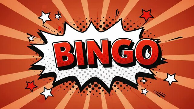 Comic-style "BINGO" text in burst, dots, stars, and rays