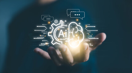 development which is smart robot conversation. communication is open for chat customers, chatbot digital technology, and bot artificial intelligence. concept of AI generates command prompt information
