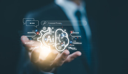 development which is smart robot conversation. communication is open for chat customers, chatbot digital technology, and bot artificial intelligence. concept of AI generates command prompt information