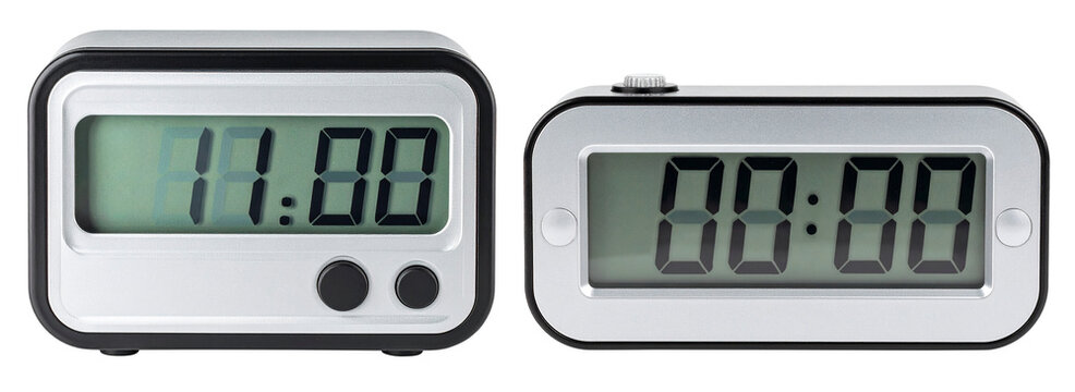 group of digital alarm clock in curved rectangle shape isolated on white