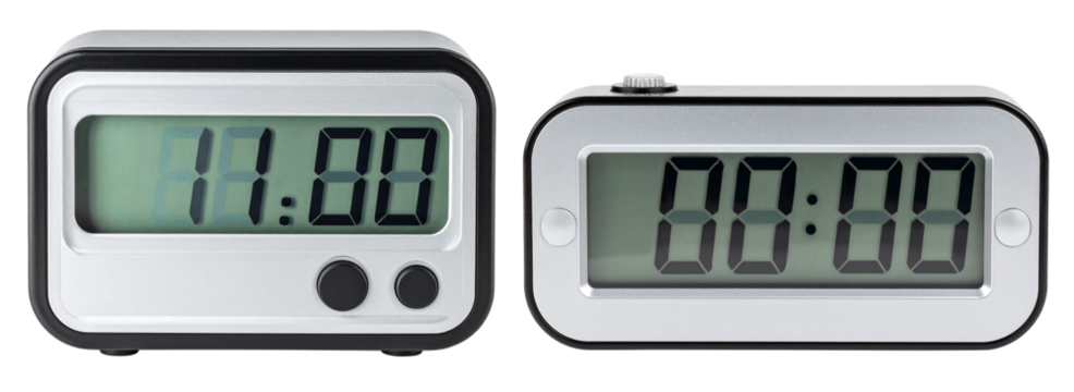 group of digital alarm clock in curved rectangle shape isolated on white