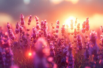 Obraz premium Vibrant lavender field bathed in warm sunset light.