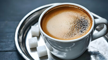 Espresso Coffee In White Cup With Sugar Cubes On Tray