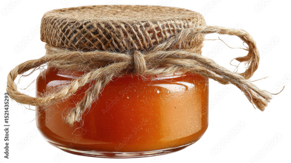 Aufkleber peach preserves are stored in a glass jar with a burlap covered lid tied with rustic twine, creating