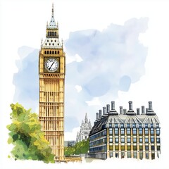 Big Ben and Houses of Parliament. Big Ben and Houses of Parliament hand drawn watercolor illustration