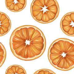 Seamless pattern with bright fruits, oranges and leaves. Sweet healthy dessert, cooking ingredients, juice. Decorations for a festive table, a summer party. Hand-drawn illustrations, background