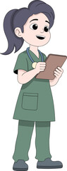 Cartoon Nurse with Medical Chart in Green Uniform