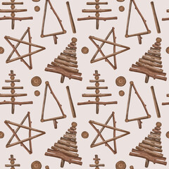 Seamless Christmas pattern made of natural organic decorations. Wooden sticks, branches in shape of stars and fir trees. Sustainable Christmas celebration, recyclable materials. Hand drawn background