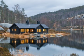 Obraz premium Peaceful, dark cabin by tranquil lake reflecting the evening sky.