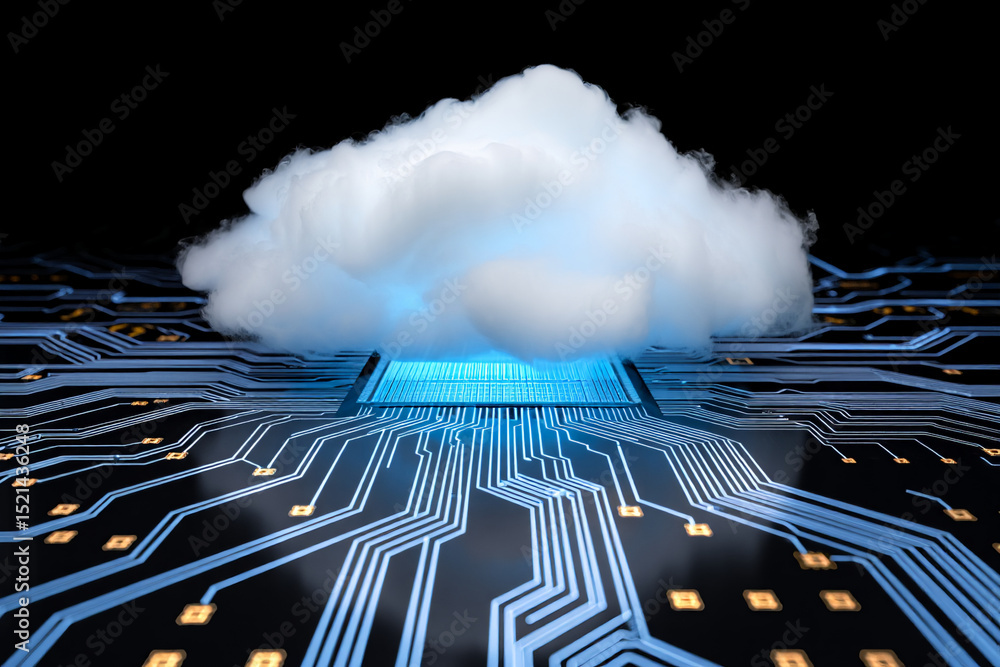 Poster cloud computing technology concept with circuit board and cloud illustration