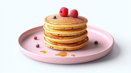 A Whimsical Pink Plate Featuring a Tall Stack of Fluffy Pancakes Topped with Juicy Raspberries