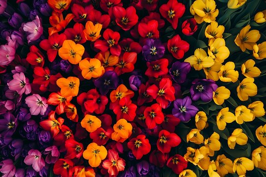 •	•  A breathtaking aerial shot of a tulip field, the flowers blooming in flawless, colorful patterns of vibrant red, yellow, and purple, creating a mesmerizing patchwork of color