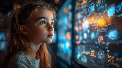 A girl exploring futuristic holographic design tools to create her dream toy