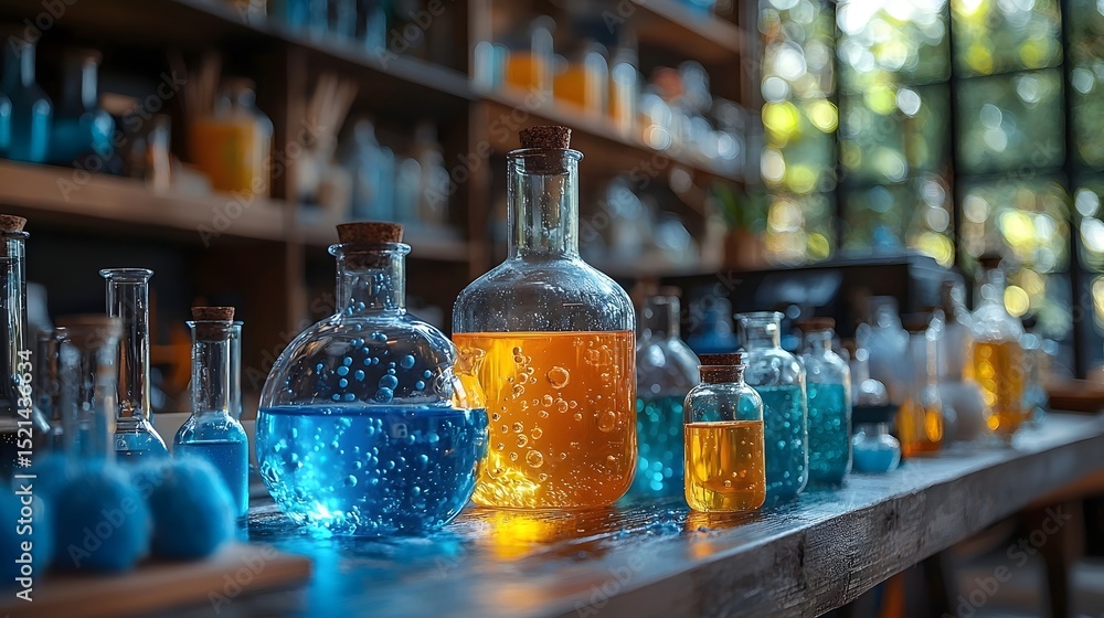 Poster whimsical science lab with colorful potion bottles