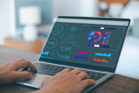 Businessman analysis shows a digital dashboard chart of the financial database. concept of business management, analytics market. Reporting platform overview, CRM system, ai data research