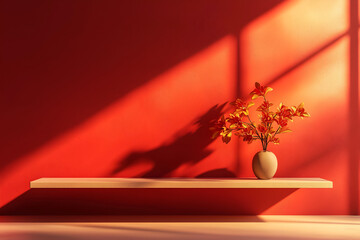 Red wall with a shelf and flowers on a table