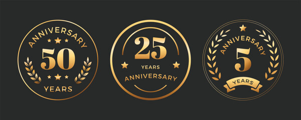 Naklejka premium Anniversary golden badges template design. Laurel wreath logo celebration 50th, 25th, 5th years.