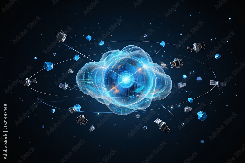 Poster cloud computing network with satellites and data transfer technology concept