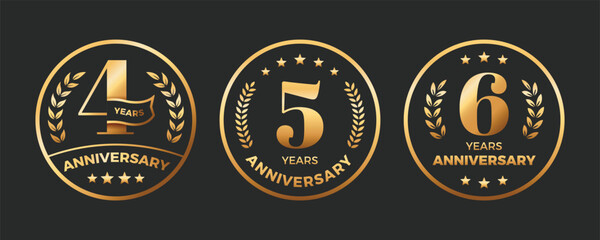 Anniversary golden badges template design. Laurel wreath logo celebration with number 4th, 5th, 6th.
