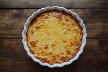 A golden-baked chicken enchiladas casserole with melted cheese and red sauce, served in a white dish on a rustic table