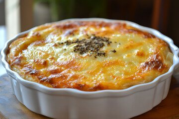 A golden-baked chicken enchiladas casserole with melted cheese and red sauce, served in a white dish on a rustic table