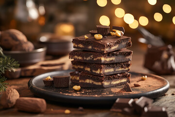 A decadent stack of peanut butter cup brownies, rich chocolate brownies with visible chunks of peanut butter cups