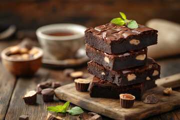 A decadent stack of peanut butter cup brownies, rich chocolate brownies with visible chunks of peanut butter cups