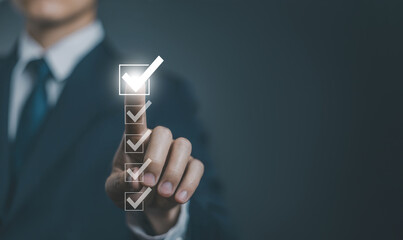 tick check mark in a checklist. concept of online list questionnaire, report, and evaluation. a...