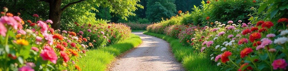 Winding garden path adorned with vibrant, blooming flowers and lush greenery, creating a picturesque and idyllic scene perfect for relaxation and tranquility , botanical, greenery, foliage