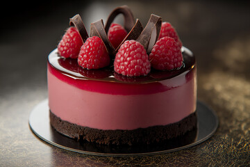 A rich chocolate raspberry cheesecake with glossy raspberries on top