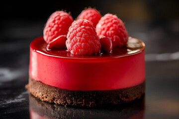 A rich chocolate raspberry cheesecake with glossy raspberries on top