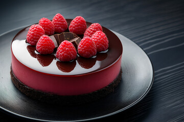 A rich chocolate raspberry cheesecake with glossy raspberries on top