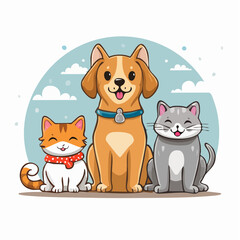 Funny pets, dogs and cats, vector illustration in trendy flat simple linear style, funny mascot and cartoon character, friendly sticker and badge for advertising, social media