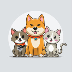 Funny pets, dogs and cats, vector illustration in trendy flat simple linear style, funny mascot and cartoon character, friendly sticker and badge for advertising, social media