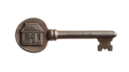 The Key to New Beginnings: A close-up of a vintage key, intricately crafted with a house symbol, symbolizing security and the opening of new opportunities in property and investment.