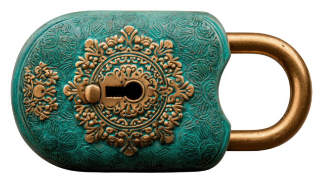 Antique Decorative Lock: An antique lock showcases detailed craftsmanship and decorative floral pattern. Its aged, ornate design represents a history of security and elegance.