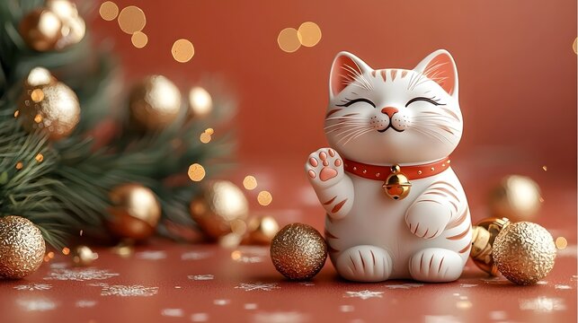 Whimsical holiday cat figurine with raised paw amid golden bells