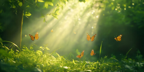 A sunlit forest clearing with soft beams filtering through dense green leaves, butterflies fluttering above the grass