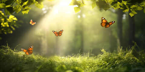 A sunlit forest clearing with soft beams filtering through dense green leaves, butterflies fluttering above the grass