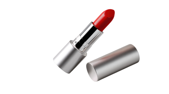 Ruby Kiss: An enticing close-up showcases a striking red lipstick, offering a glamorous view of the make-up with its sleek silver casing.