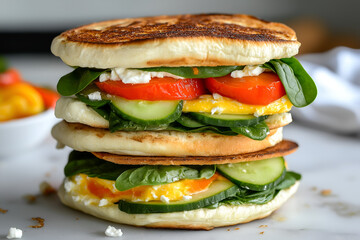 Mediterranean breakfast sandwiches stacked with spinach, cucumber, roasted red peppers, feta, sunny kitchen background, fresh and colorful presentation