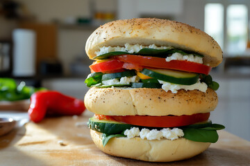 Mediterranean breakfast sandwiches stacked with spinach, cucumber, roasted red peppers, feta, sunny kitchen background, fresh and colorful presentation