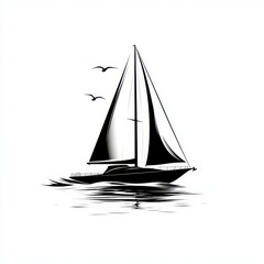 Sailboat gliding across calm waters under a bright sky with birds soaring overhead