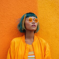Young asian woman (gen z) with teal and yellow hair