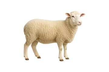 Naklejka premium Side view of a woolly sheep standing isolated on transparent background, ideal for farming, agriculture, and animal husbandry concepts, transparent, clipping path, ram