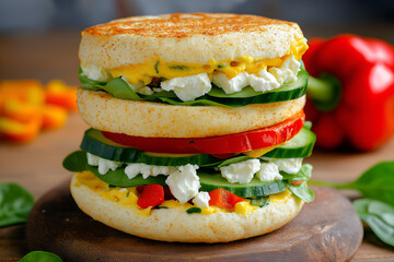 Mediterranean breakfast sandwiches stacked with spinach, cucumber, roasted red peppers, feta, sunny kitchen background, fresh and colorful presentation