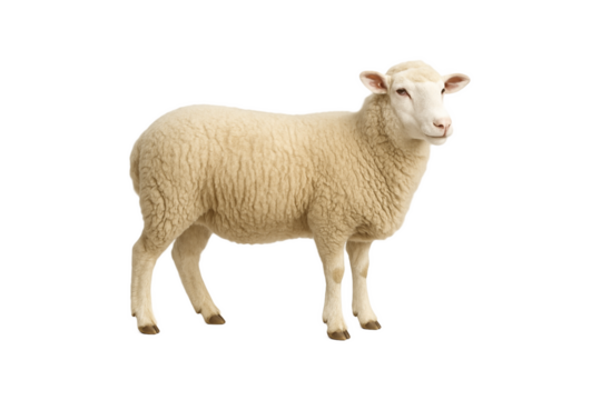 Side view of a woolly sheep standing isolated on transparent background, ideal for farming, agriculture, and animal husbandry concepts, transparent, clipping path, ram