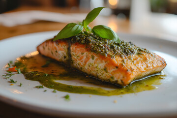 Pesto-crusted salmon fresh from oven, golden crust, basil garnish, white plate on wood table, soft kitchen lighting, shallow depth of field