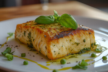 Pesto-crusted salmon fresh from oven, golden crust, basil garnish, white plate on wood table, soft kitchen lighting, shallow depth of field