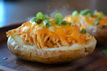 Steaming baked russet potatoes split open, topped with shredded buffalo chicken, melted cheddar, ranch drizzle, green onions, rustic wooden plate, cozy lighting